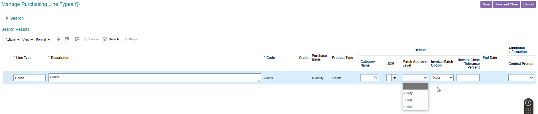 Manage Purchasing Line Types page showing where two-way, three-way, and four-way matching is configured