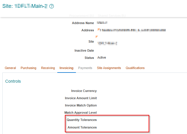 Supplier site invoicing controls showing supplier-specific quantity and amount tolerances