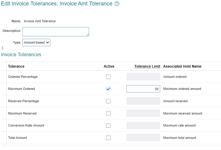 Edit Invoice Tolerances page for amount-based tolerance rules