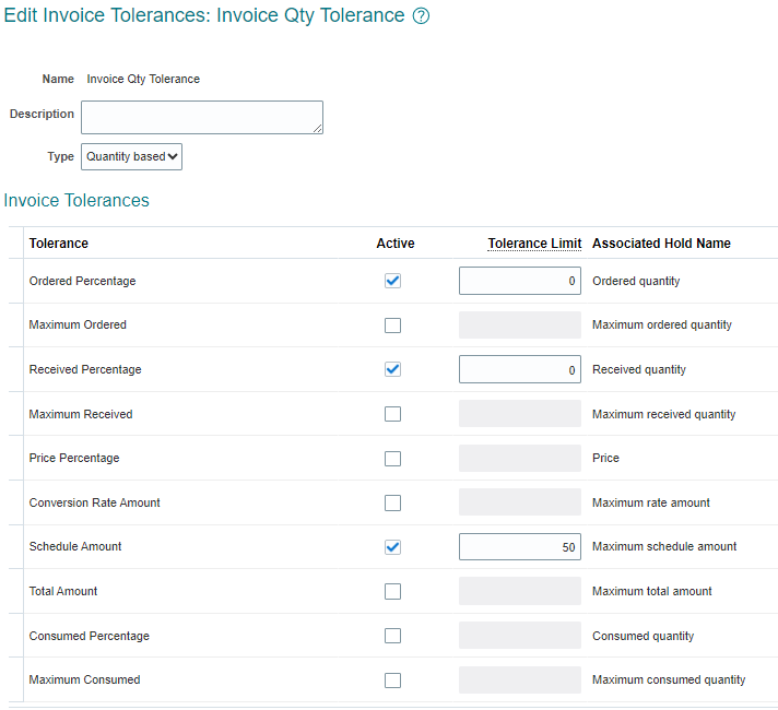 Edit Invoice Tolerances page for quantity-based tolerance rules