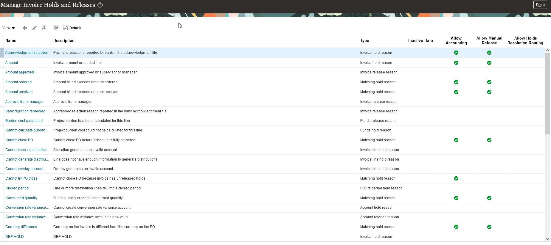 Manage Invoice Holds and Releases page listing hold names, types, and release options