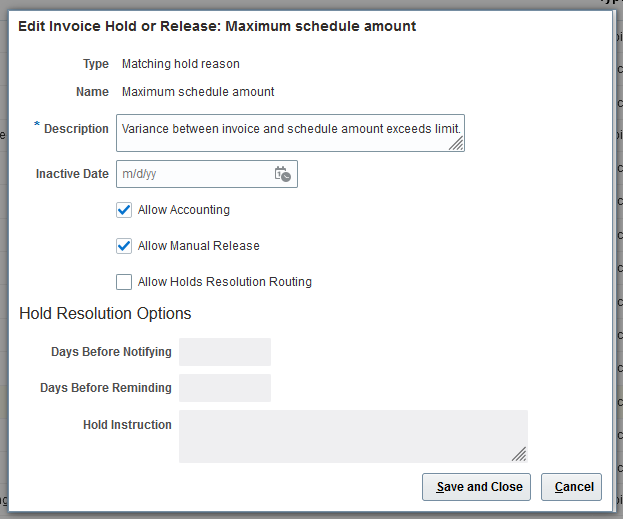 Hold setup showing manual-release and hold-resolution-routing controls