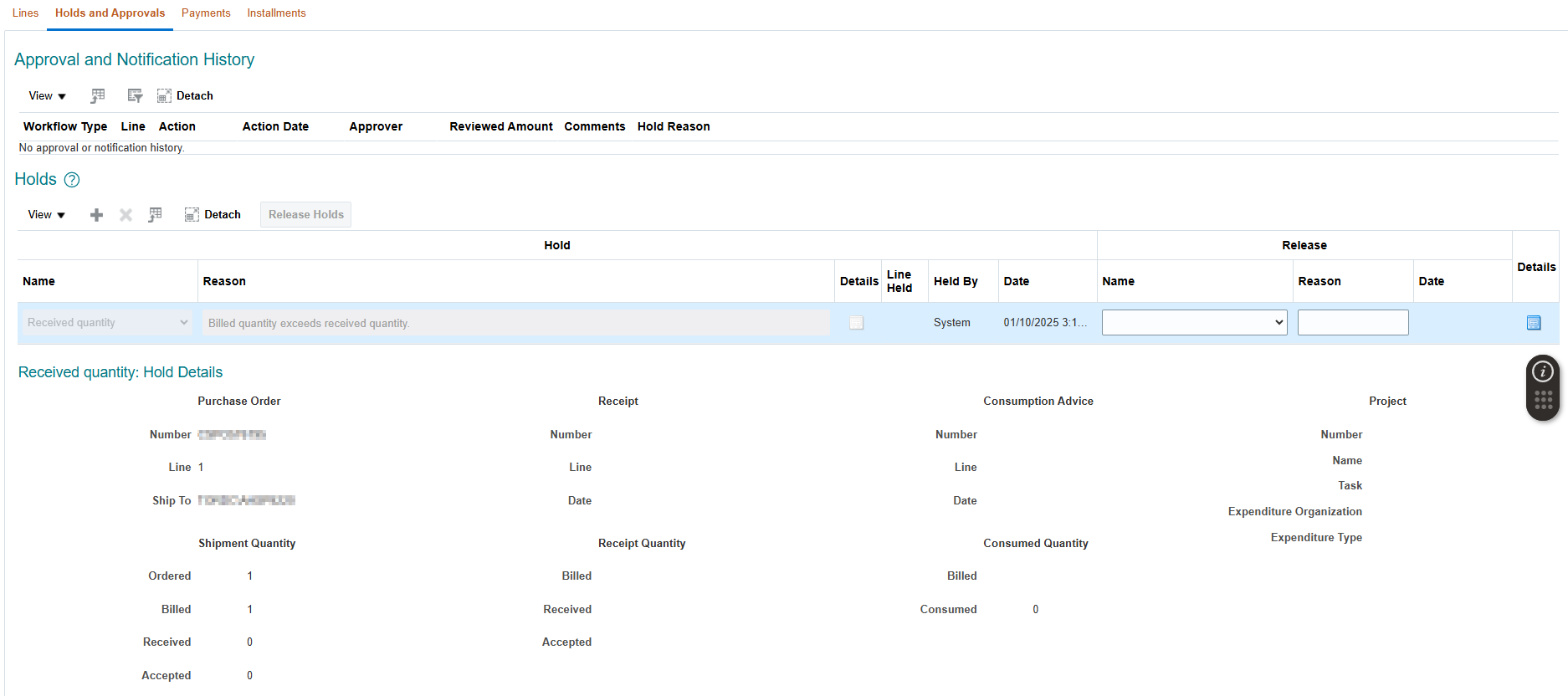 Payables hold-details panel with hold code, reason, date, and invoice information