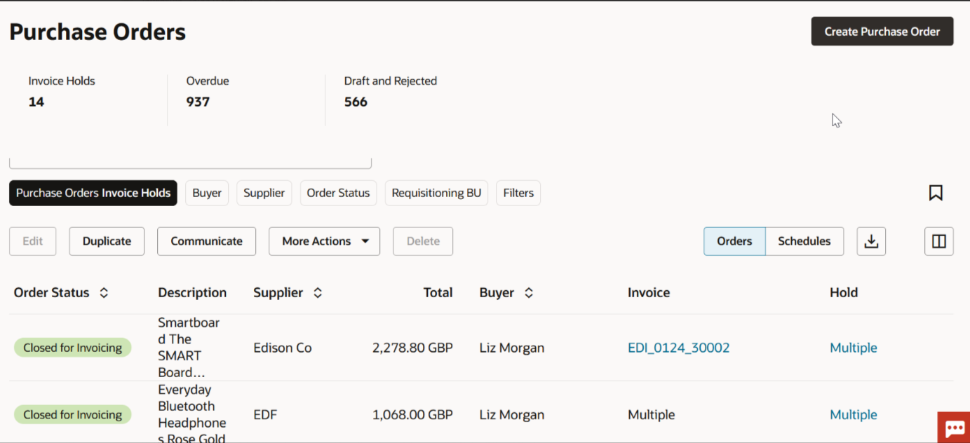 Redwood purchase-order page with filters for purchase orders that have invoice holds